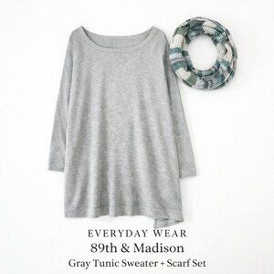 89th & Madison Gray Tunic Sweater + Scarf Set 1X Plus Cozy Knit